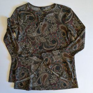 Hannah Knit Multi-Colored Top Fall Bell Sleeves Lace Up Neck Women's Size Small